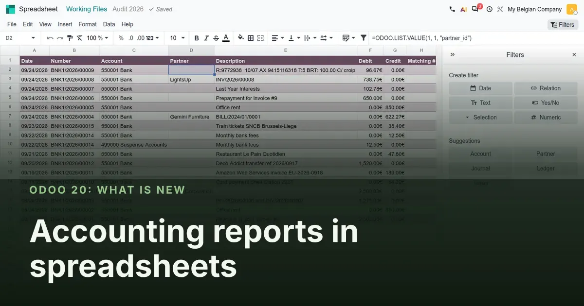 Accounting reports in spreadsheets: Odoo 20 screenshot behind the article title