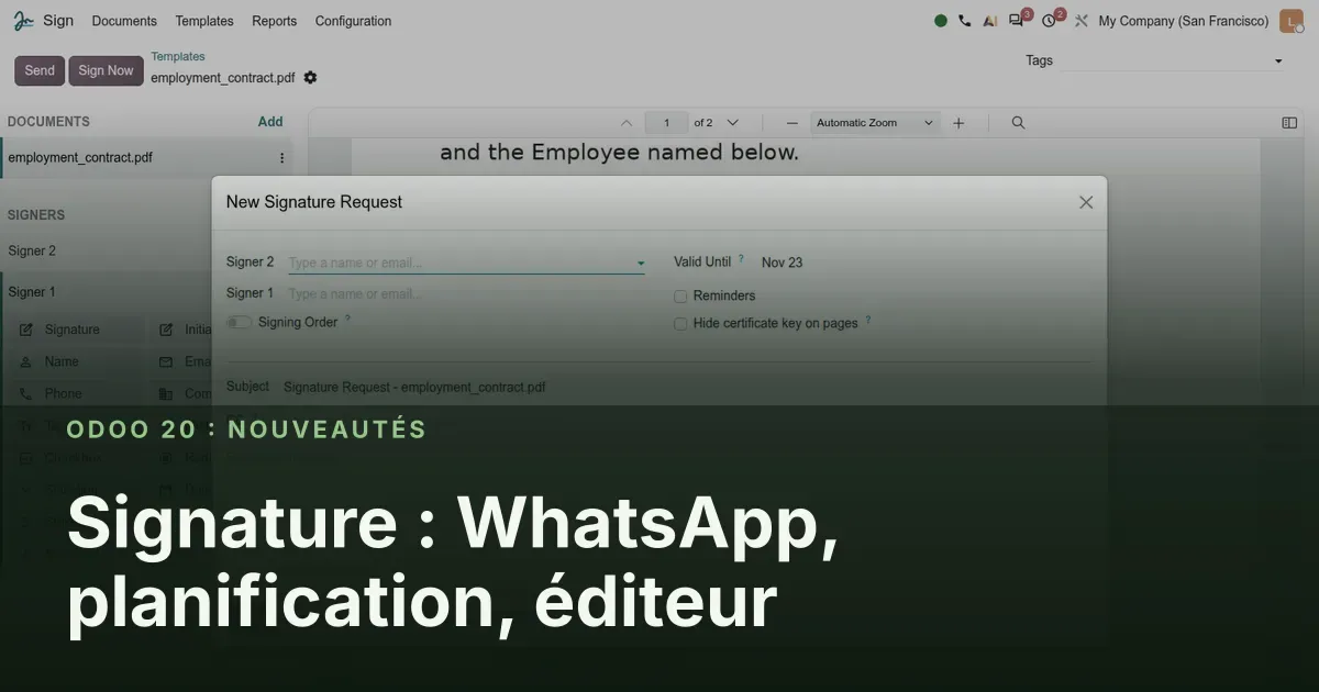 Signature : WhatsApp, planification, éditeur : capture d'écran d'Odoo 20 derrière le titre de l'article