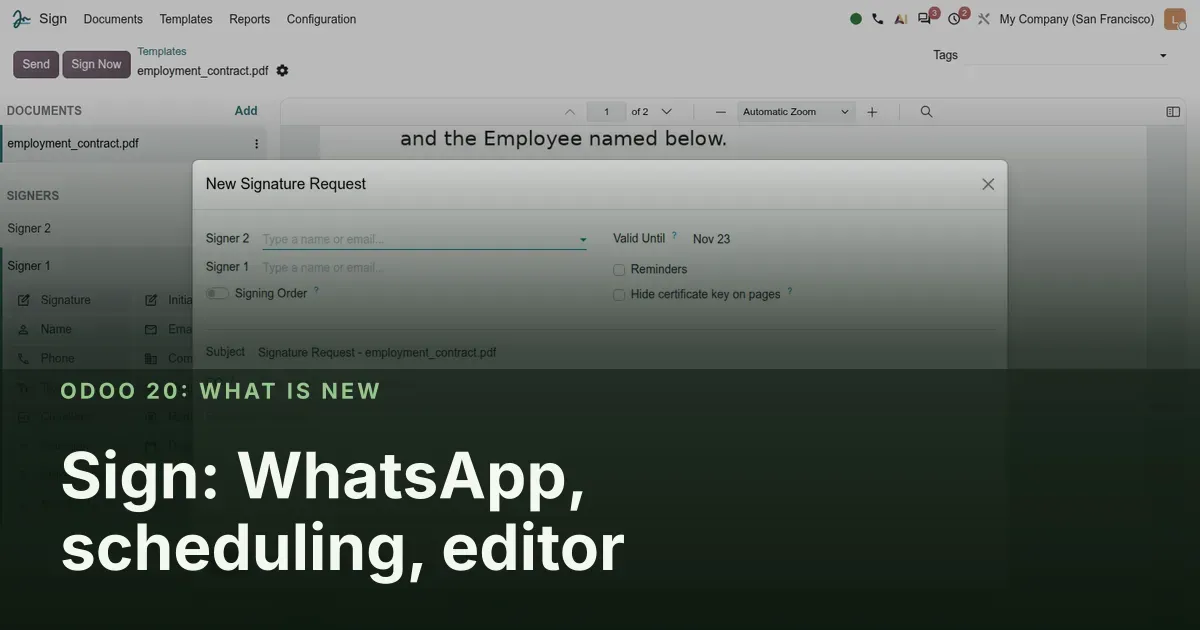 Sign: WhatsApp, scheduling, editor: Odoo 20 screenshot behind the article title