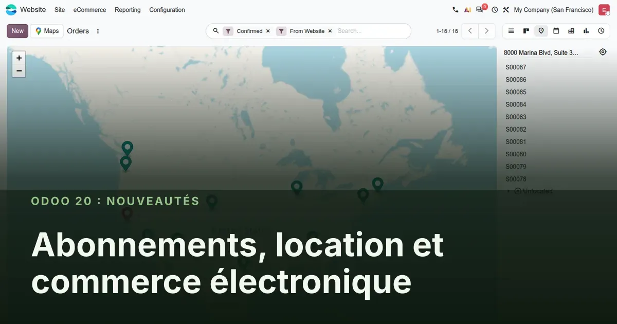 Abonnements, location et commerce électronique : capture d'écran d'Odoo 20 derrière le titre de l'article