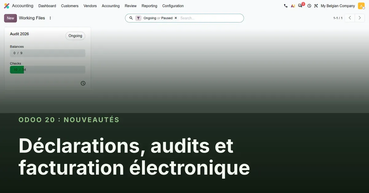 Déclarations, audits et facturation électronique : capture d'écran d'Odoo 20 derrière le titre de l'article