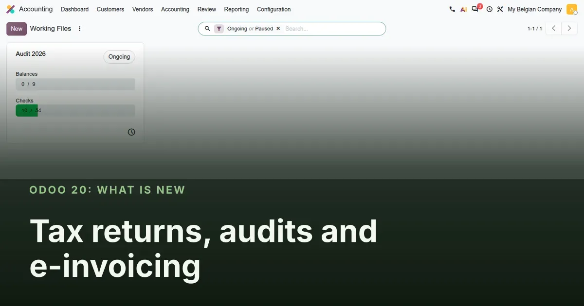Tax returns, audits and e-invoicing: Odoo 20 screenshot behind the article title