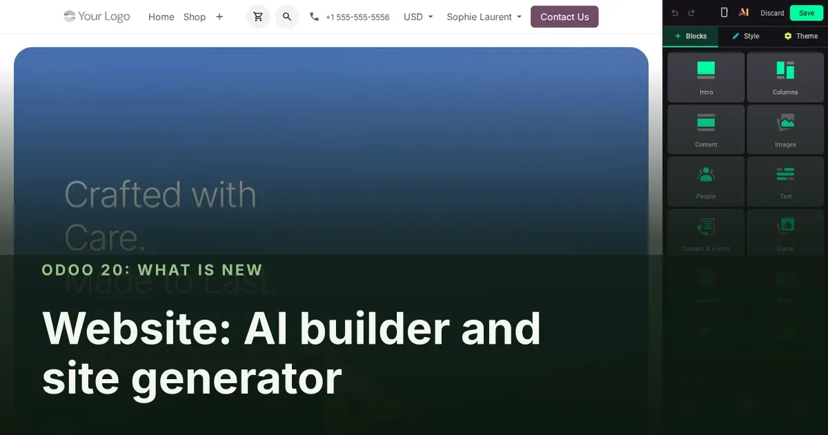 Website: AI builder and site generator: Odoo 20 screenshot behind the article title