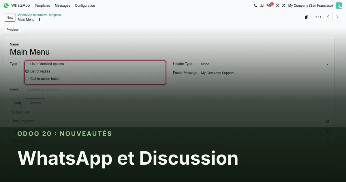 WhatsApp et Discussion : capture d'écran d'Odoo 20 derrière le titre de l'article