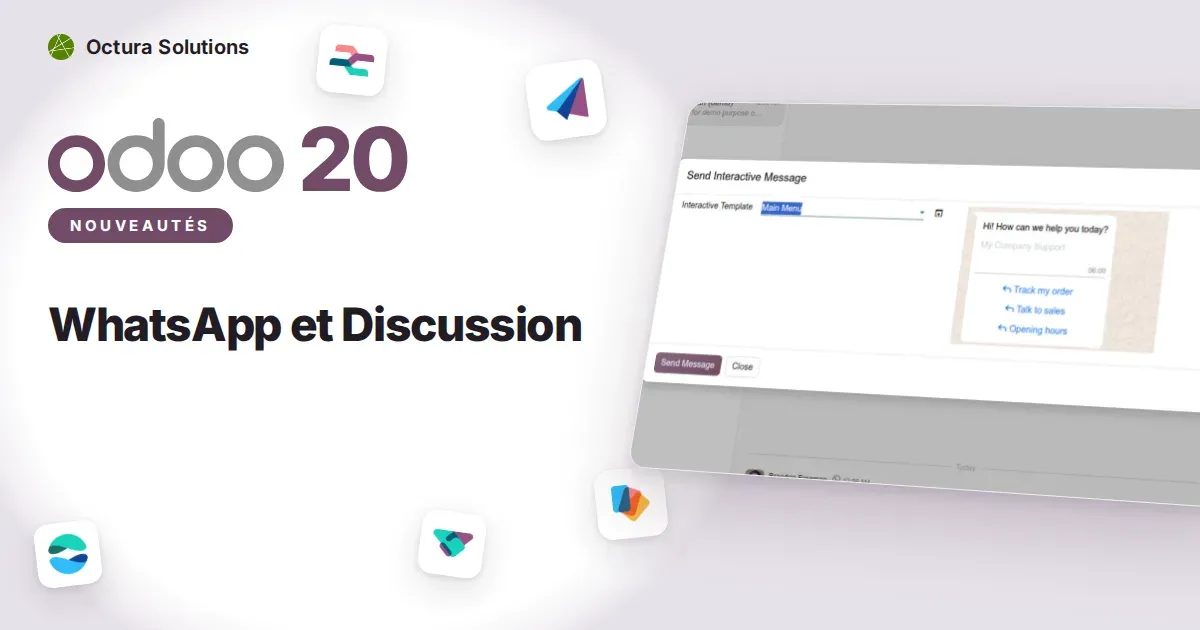 WhatsApp et Discussion : capture d'écran d'Odoo 20 derrière le titre de l'article