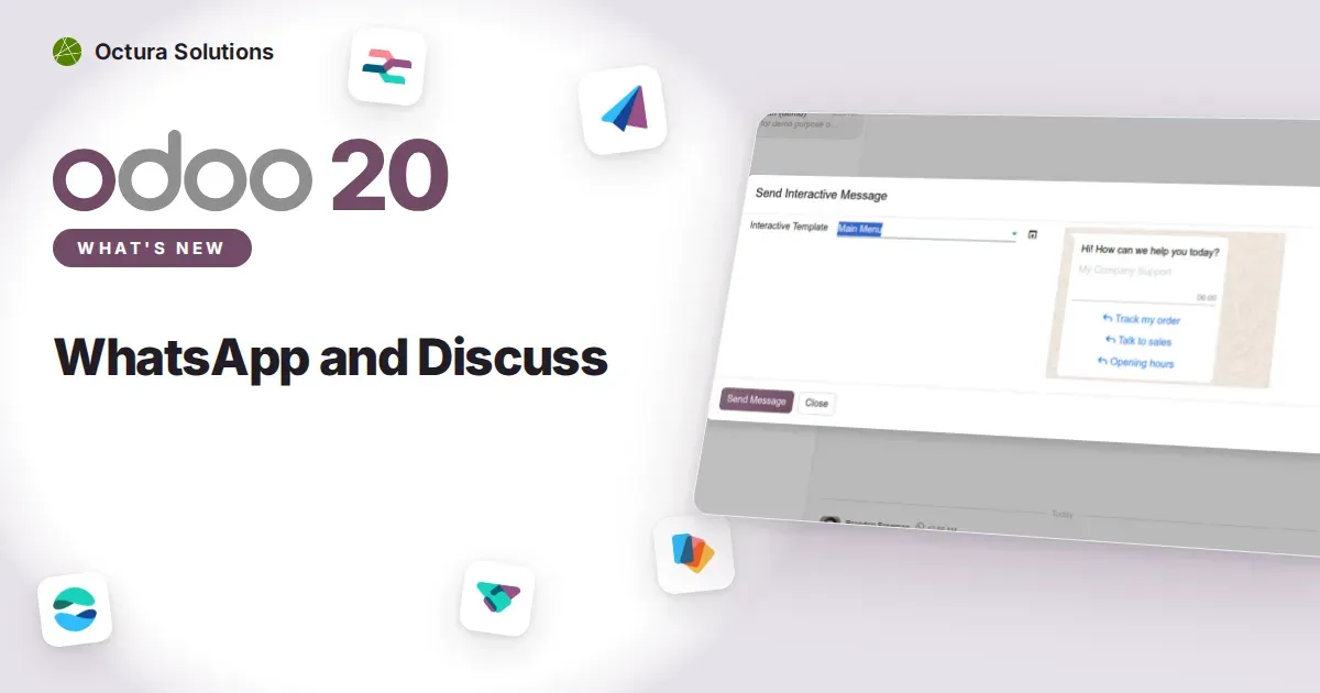 WhatsApp and Discuss: Odoo 20 screenshot behind the article title