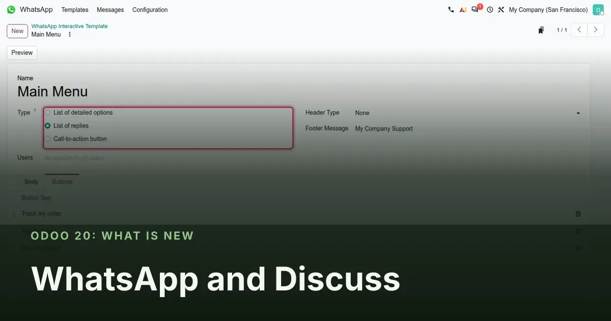 WhatsApp and Discuss: Odoo 20 screenshot behind the article title