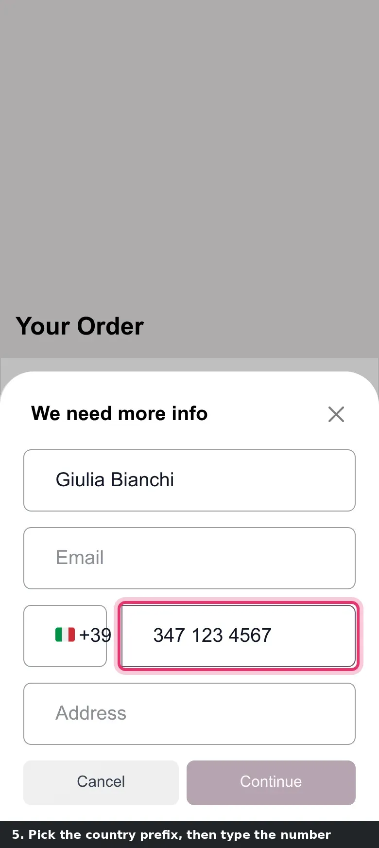 Step 3: Animated phone tutorial of a delivery self-order up to the phone field with its country selector.