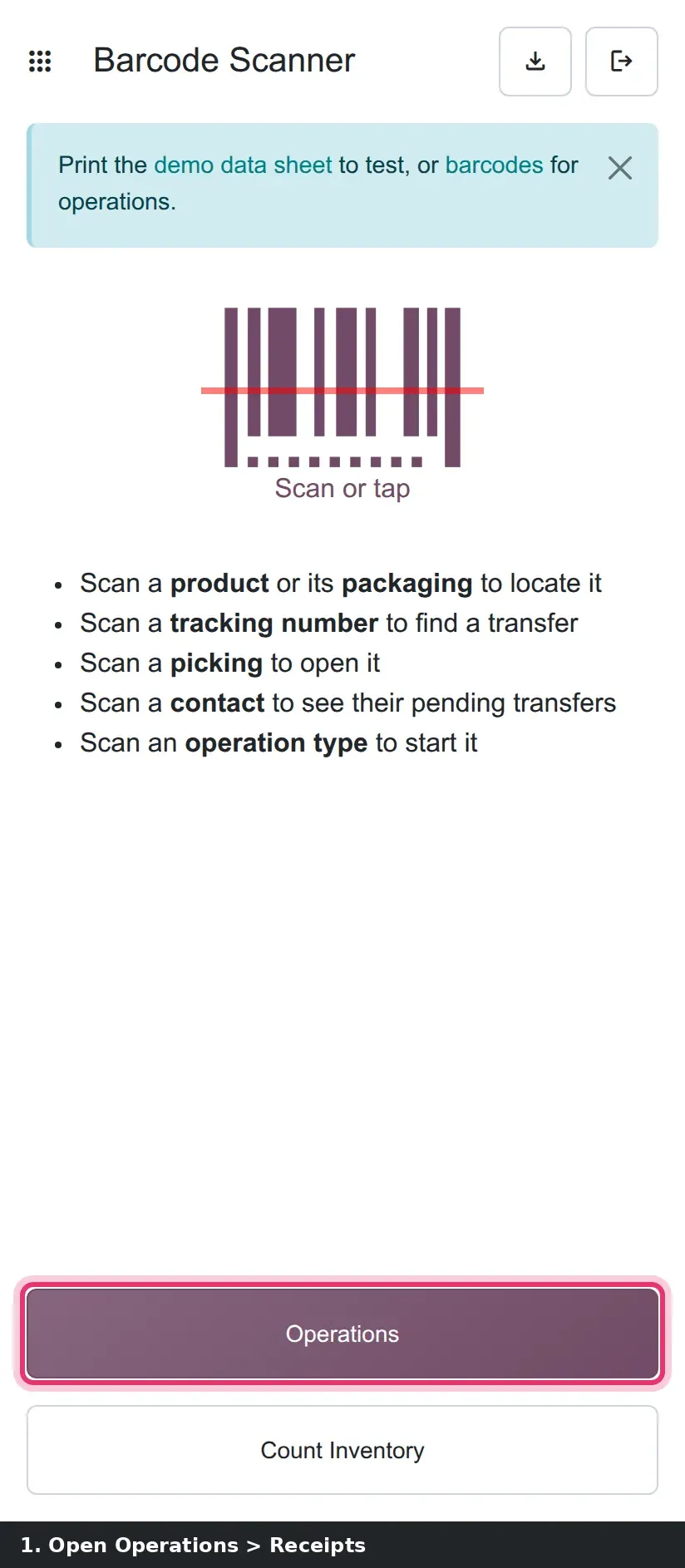 Step 1: Handheld Barcode screens: Operations, Receipts list, receipt line 0/5, "Generate Serial numbers" dialog, line at 5/5 with serials 0000006 to 0000010.