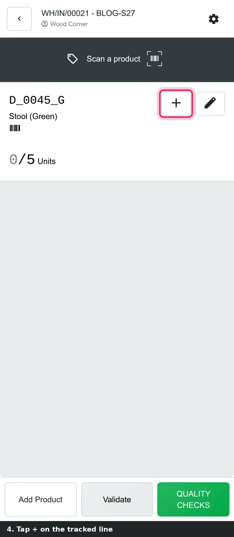 Step 2: Handheld Barcode screens: Operations, Receipts list, receipt line 0/5, "Generate Serial numbers" dialog, line at 5/5 with serials 0000006 to 0000010.