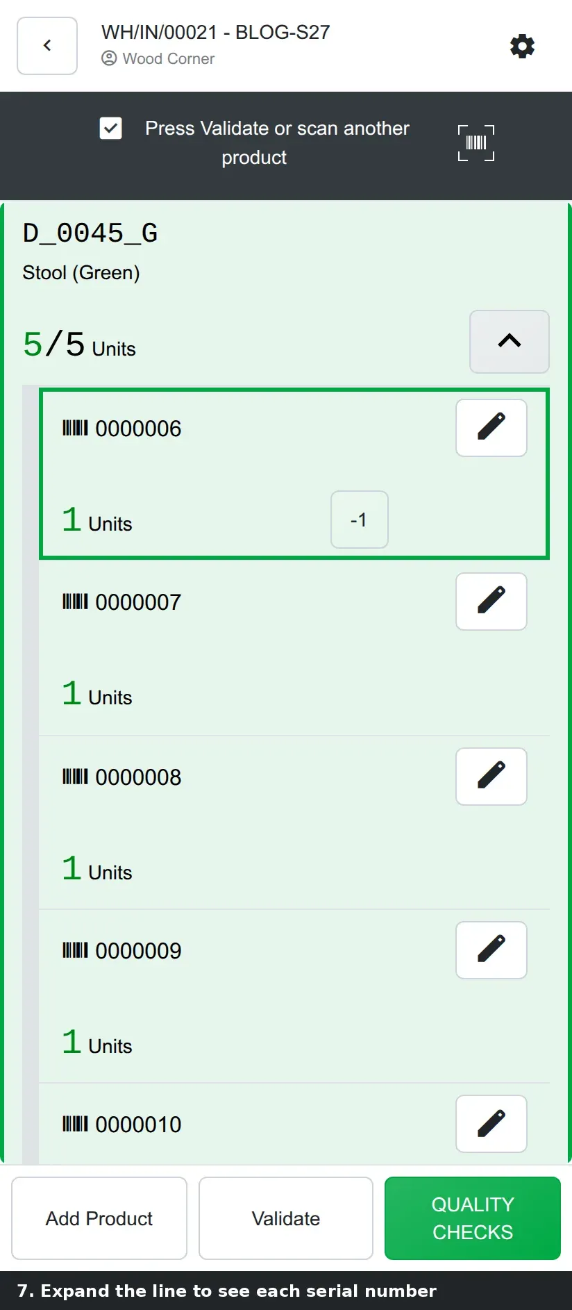 Step 3: Handheld Barcode screens: Operations, Receipts list, receipt line 0/5, "Generate Serial numbers" dialog, line at 5/5 with serials 0000006 to 0000010.