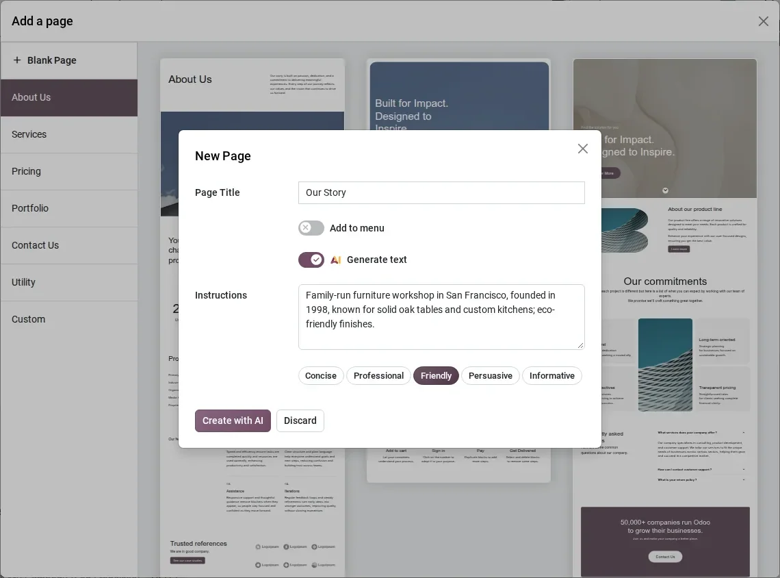 New Page dialog with Generate text on, instructions and the Friendly tone selected