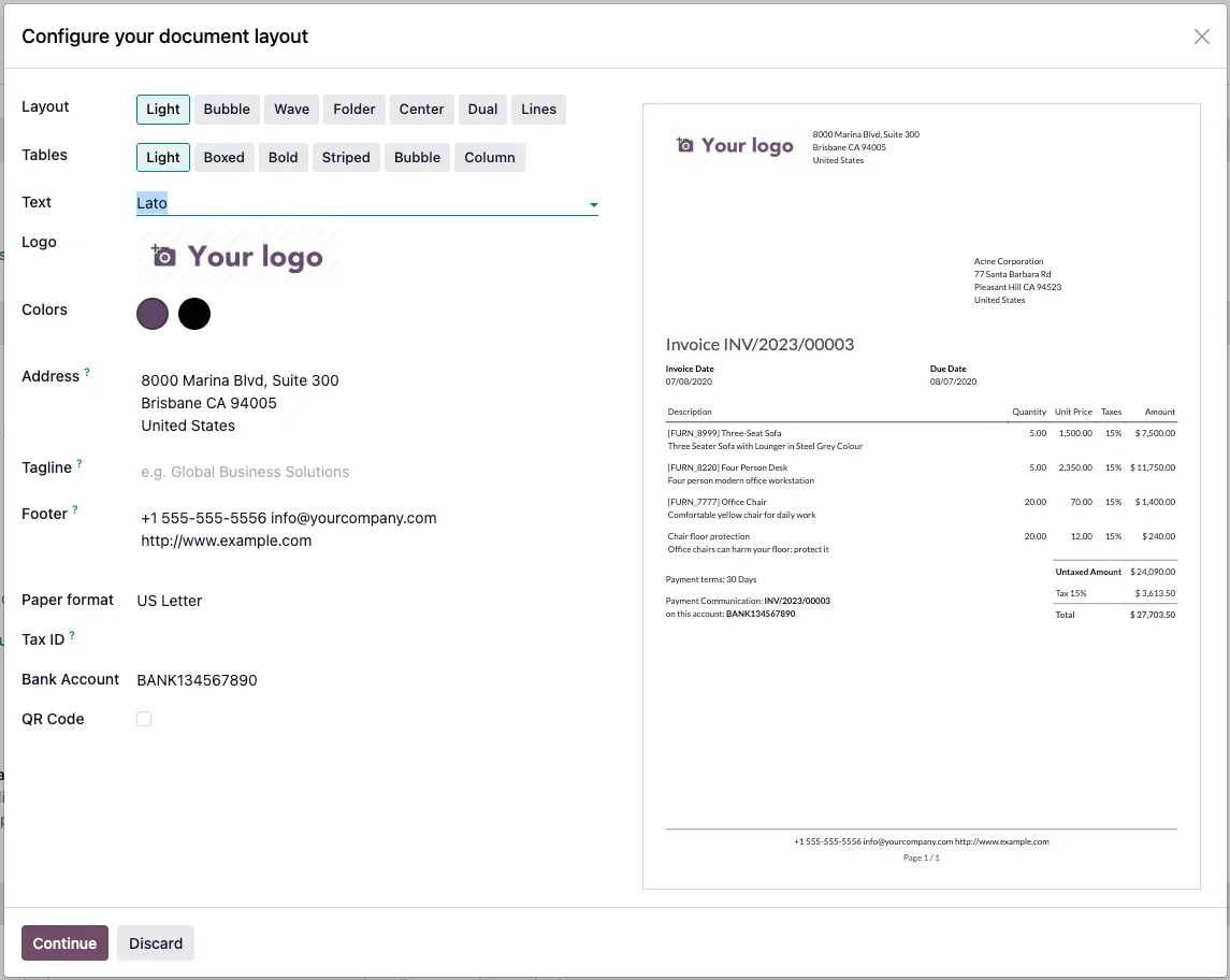 Odoo 19 Configure Document Layout modal showing the four layout frameworks (Boxed, Bold, Striped, Light) with logo, brand color picker, font selector, and live preview
