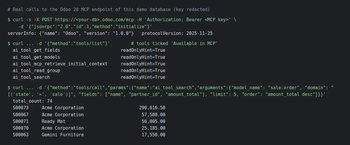 Terminal transcript of MCP calls listing five read-only tools and five sales orders