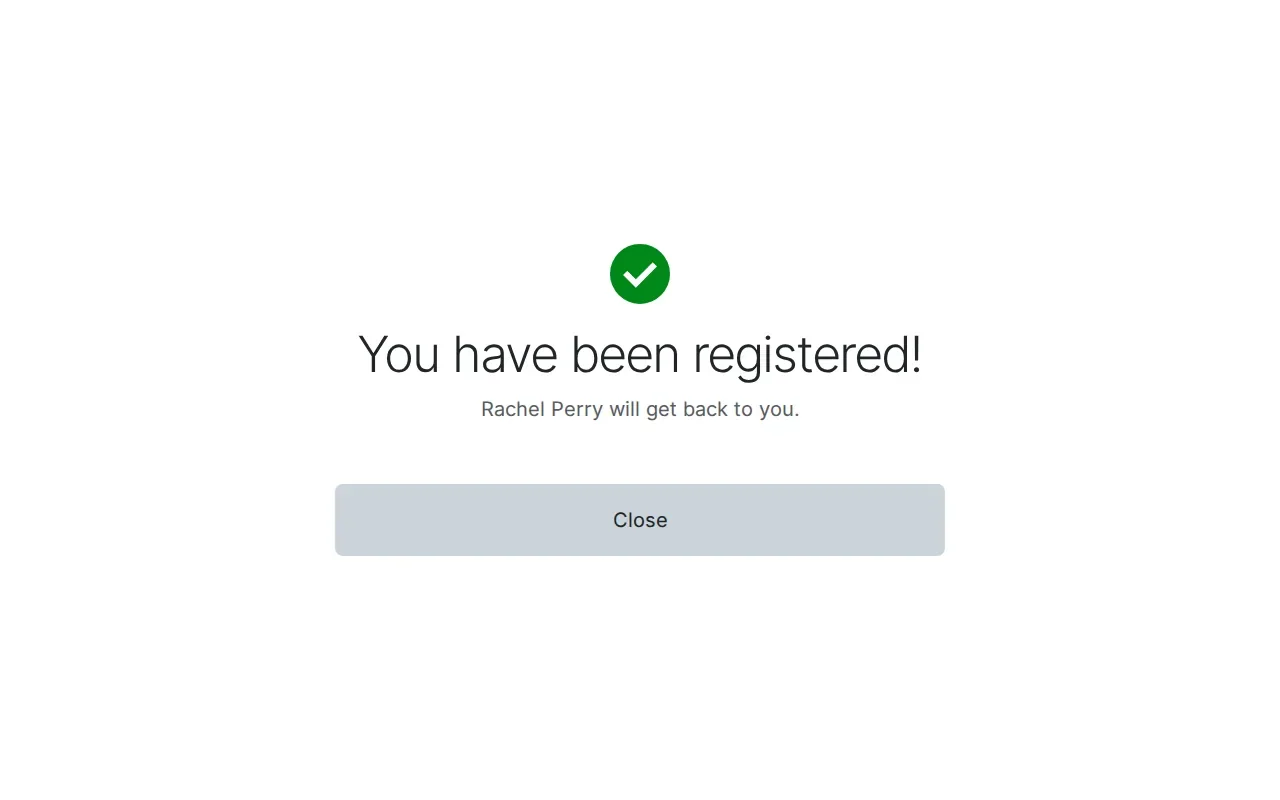 Kiosk confirmation screen with a green check mark