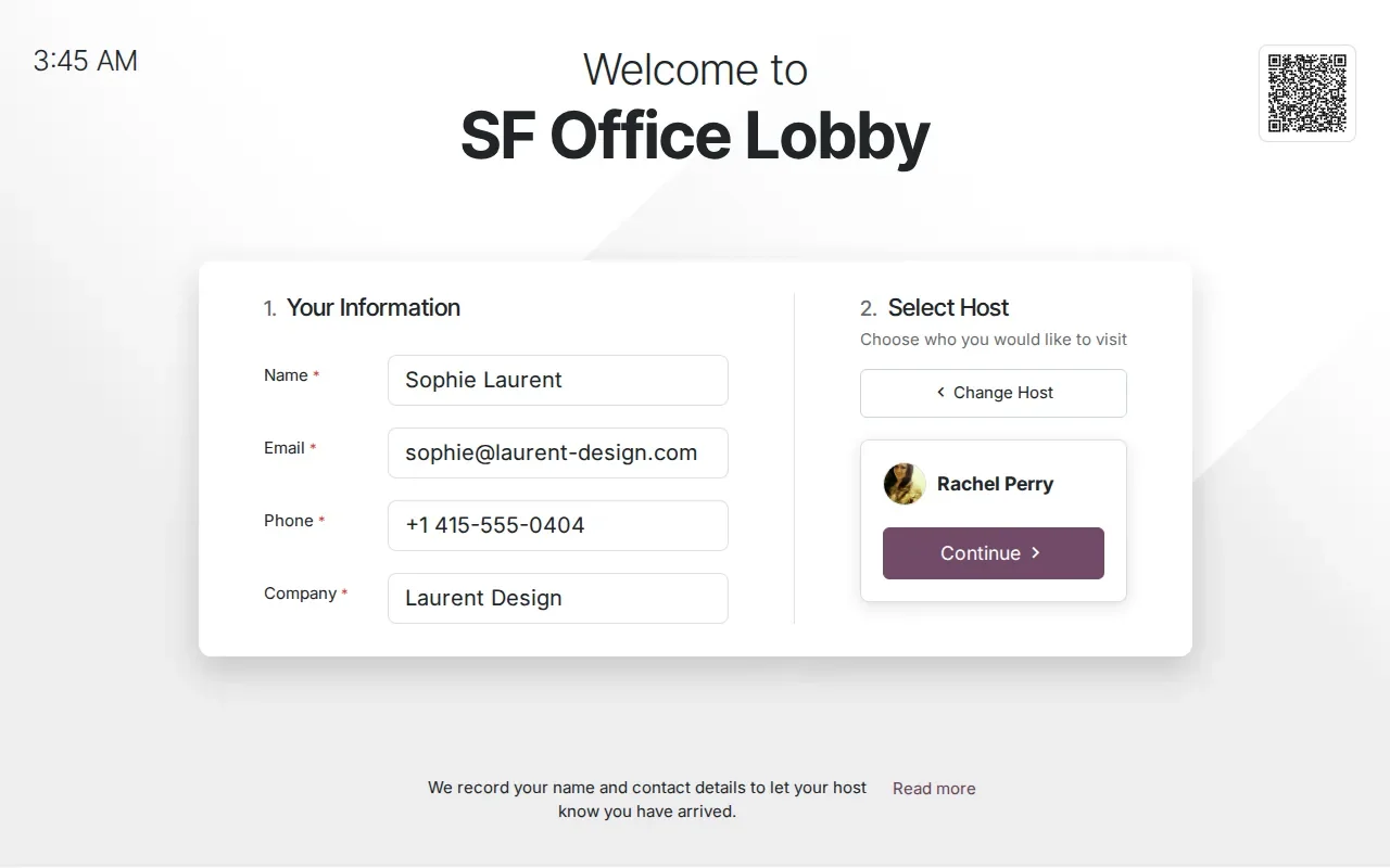 Filled-in kiosk form with Rachel Perry selected as host and a Continue button