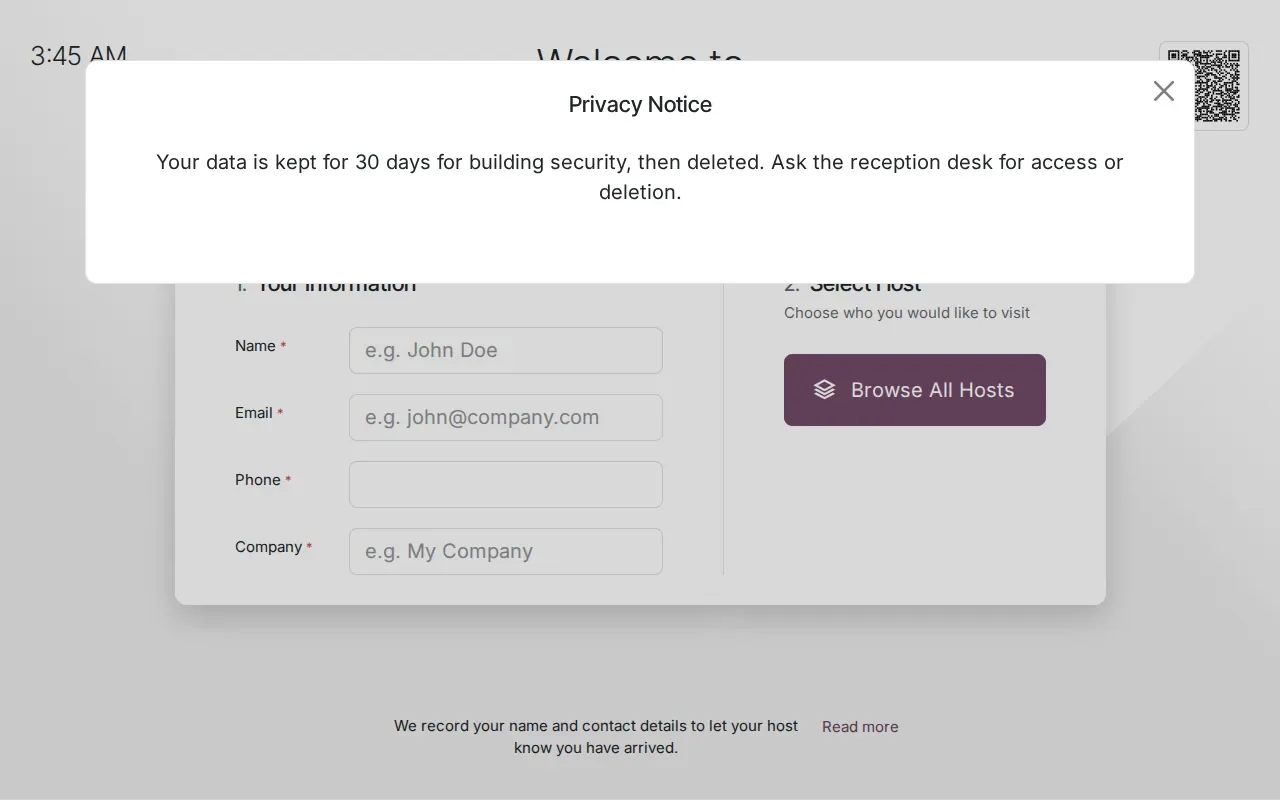 Privacy Notice popup over the kiosk welcome screen