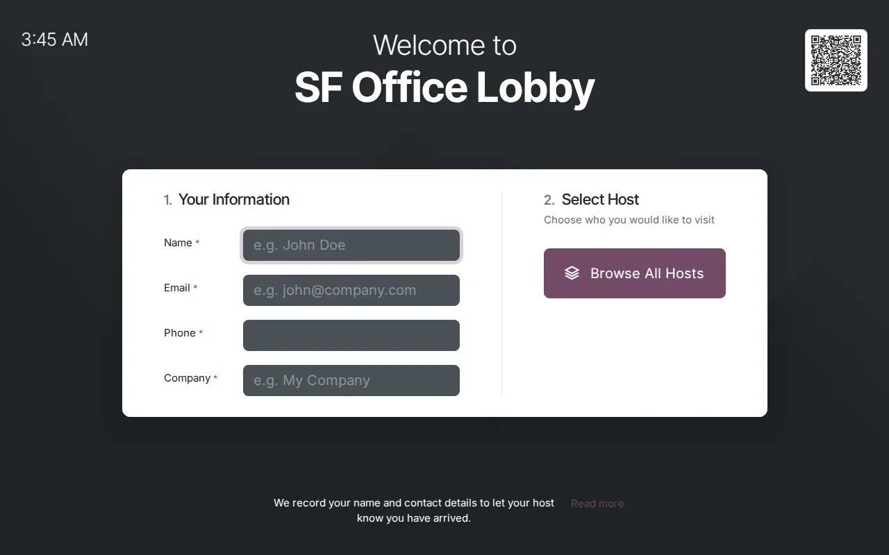 Dark-themed kiosk welcome screen
