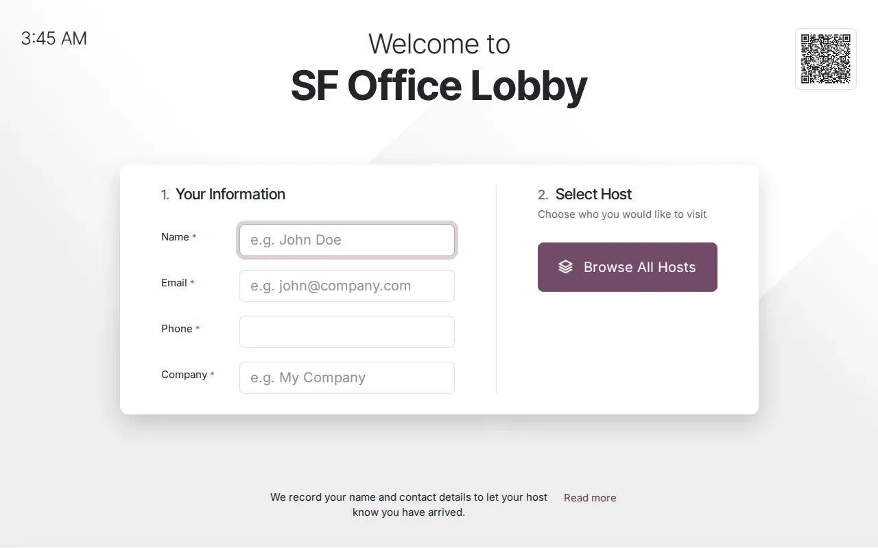 Tablet kiosk titled Welcome to SF Office Lobby with name, email, phone and company fields and a Browse All Hosts button