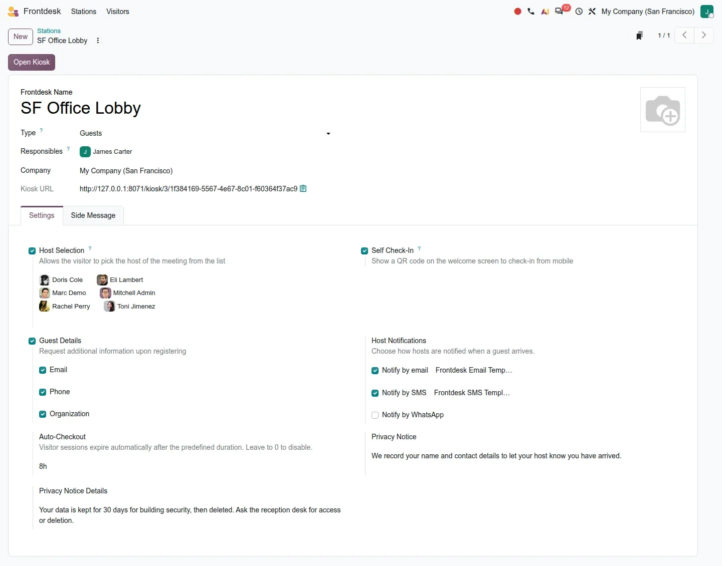 Frontdesk station form with the Settings tab open