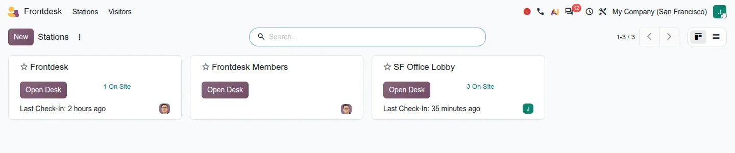 Three Frontdesk station cards with Open Desk buttons