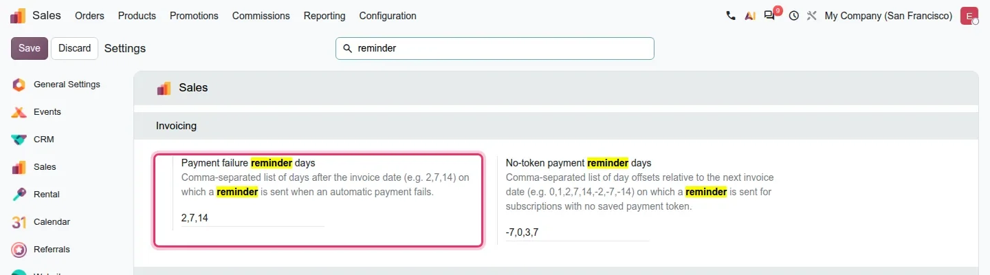 Sales settings > Invoicing, showing "Payment failure reminder days" set to 2,7,14 and "No-token payment reminder days" set to -7,0,3,7.