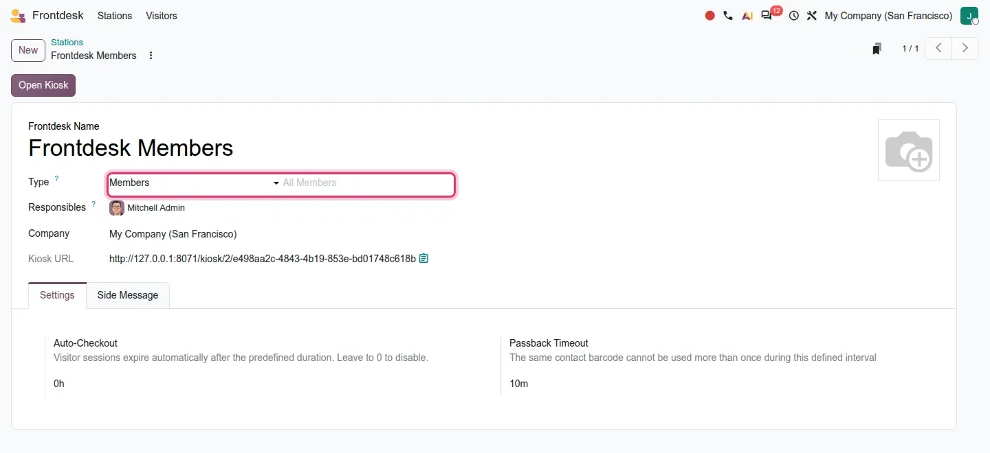 Station form with Type set to Members and a 10 minute passback timeout