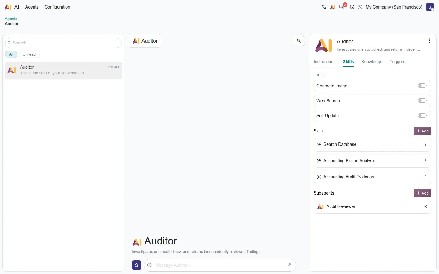 Agent panel with Accounting Report Analysis, Accounting Audit Evidence and sub-agent Audit Reviewer