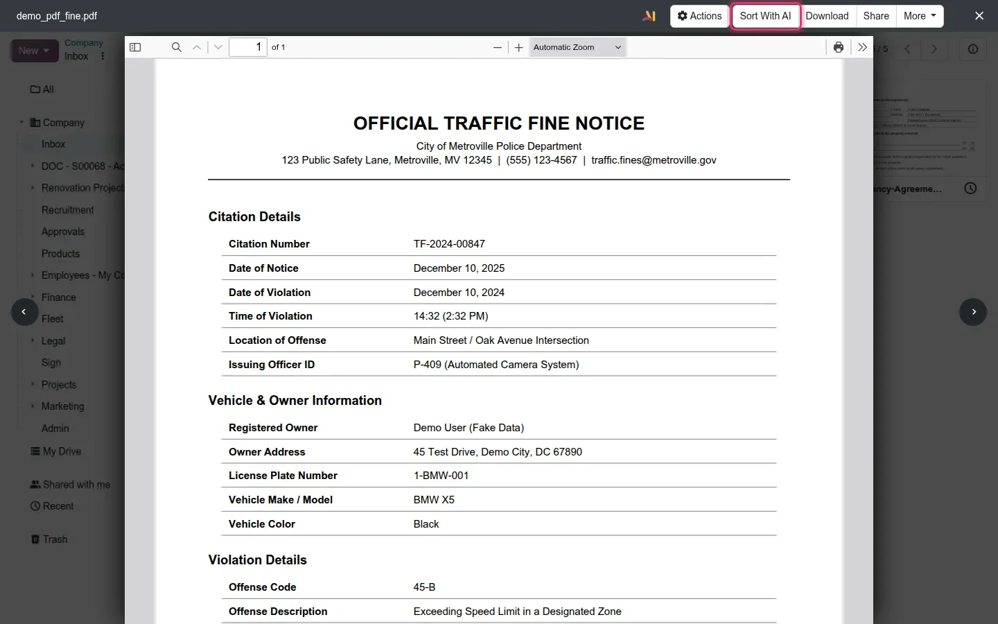 PDF traffic fine notice with the Sort With AI button highlighted