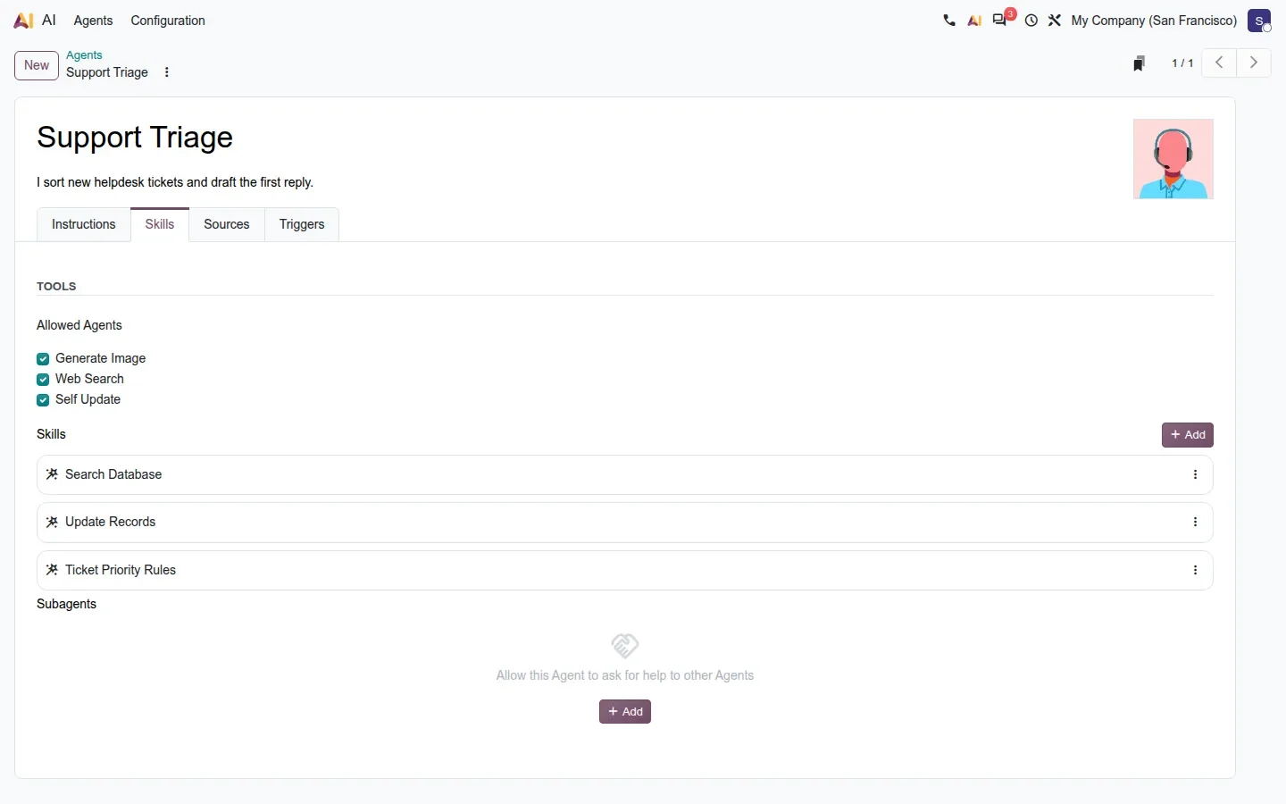 Agent form view with the Skills tab open