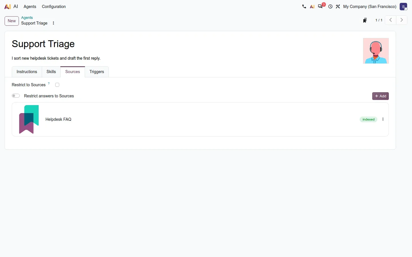 Agent form view with Instructions, Skills, Sources and Triggers tabs, Sources open