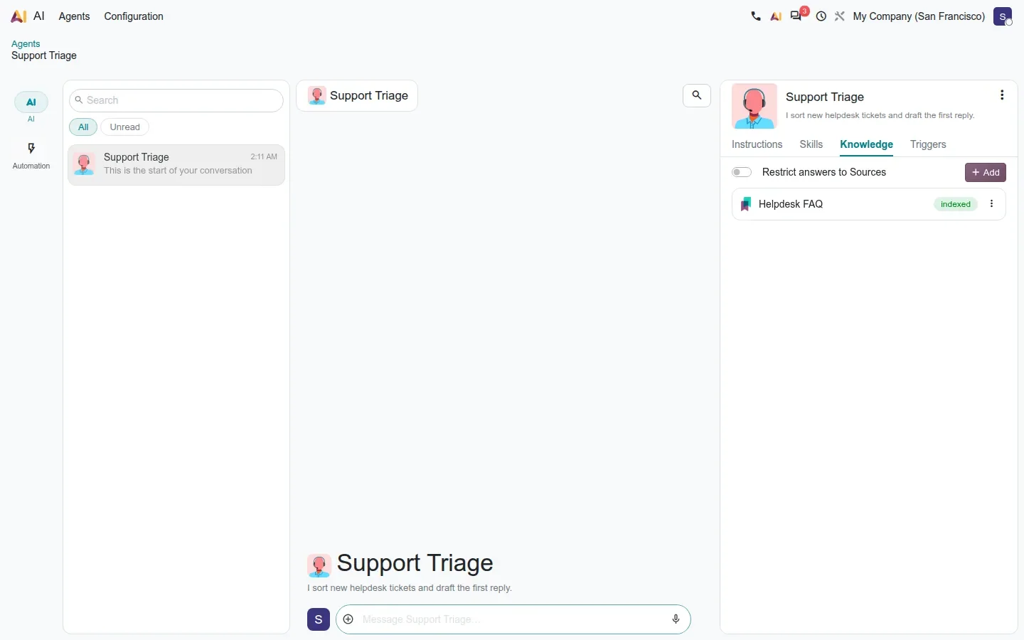 AI chat for Support Triage with the agent panel showing its Markdown instructions