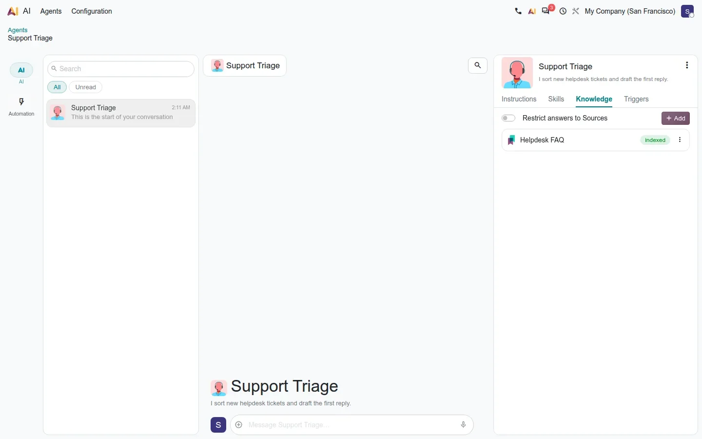 Agent panel Knowledge tab listing Helpdesk FAQ with status Indexed