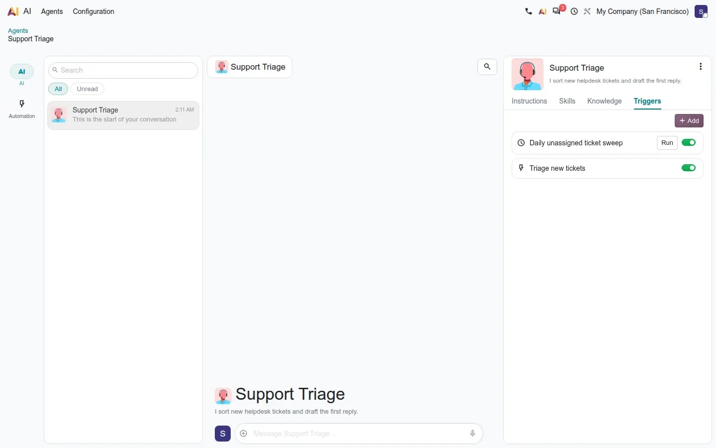 Agent panel Triggers tab with two automation rules