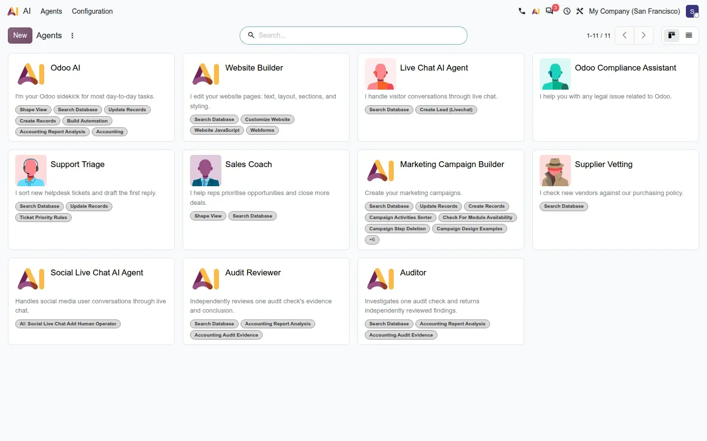 Kanban of AI agents including Support Triage, Sales Coach and Supplier Vetting