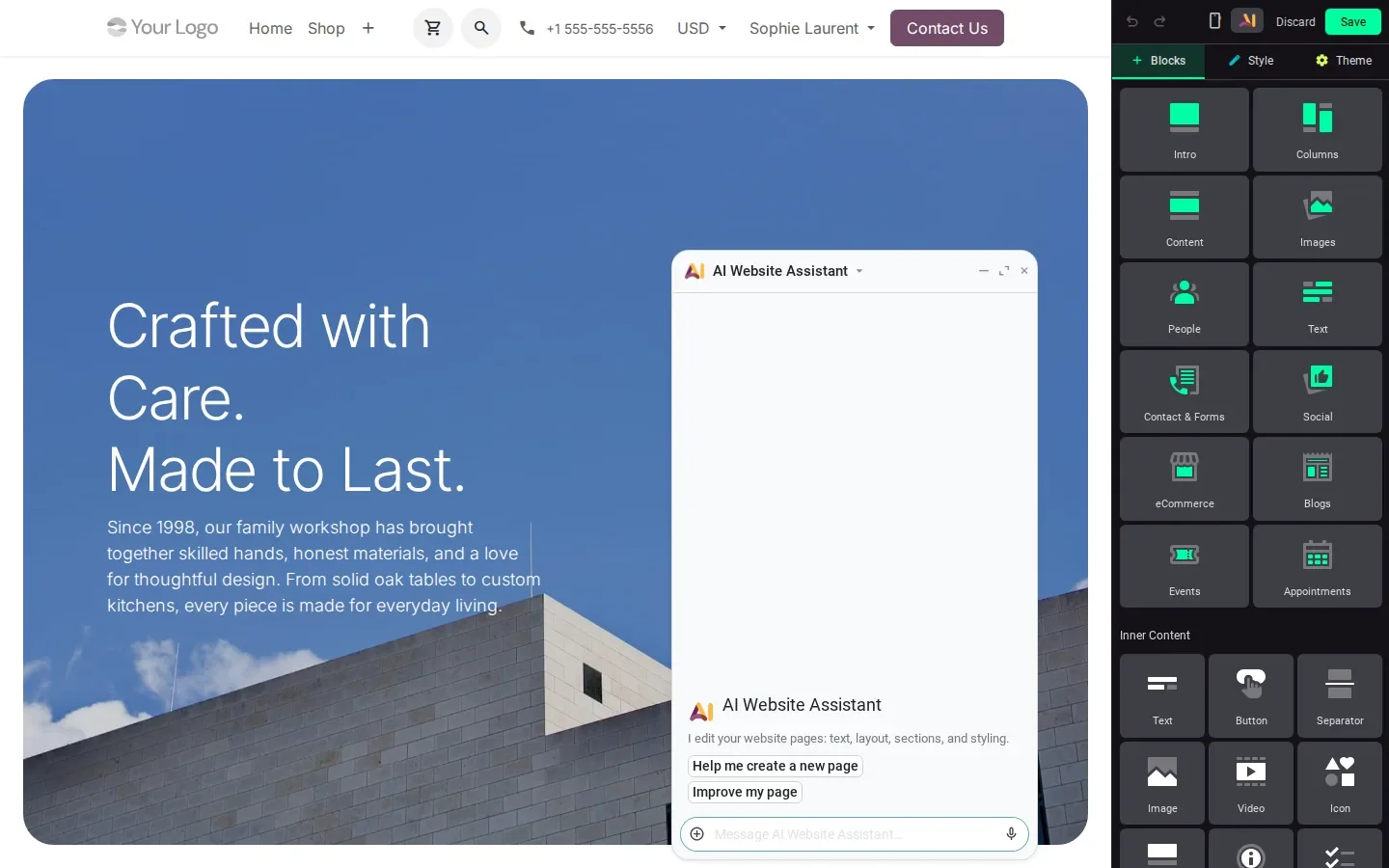 Empty AI Website Assistant chat window over the page