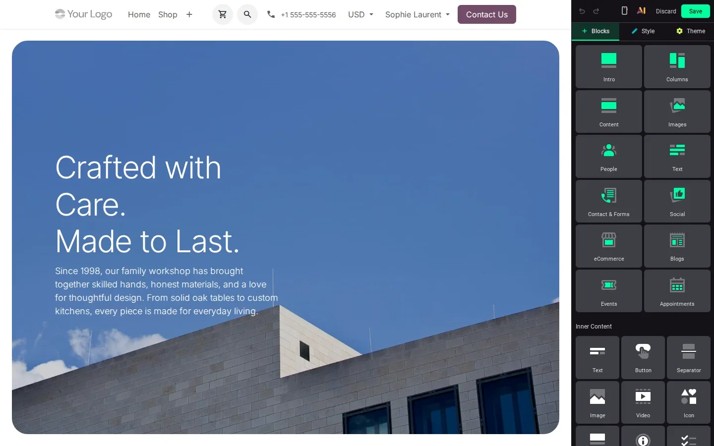 Website editor showing a hero written by AI for a furniture workshop