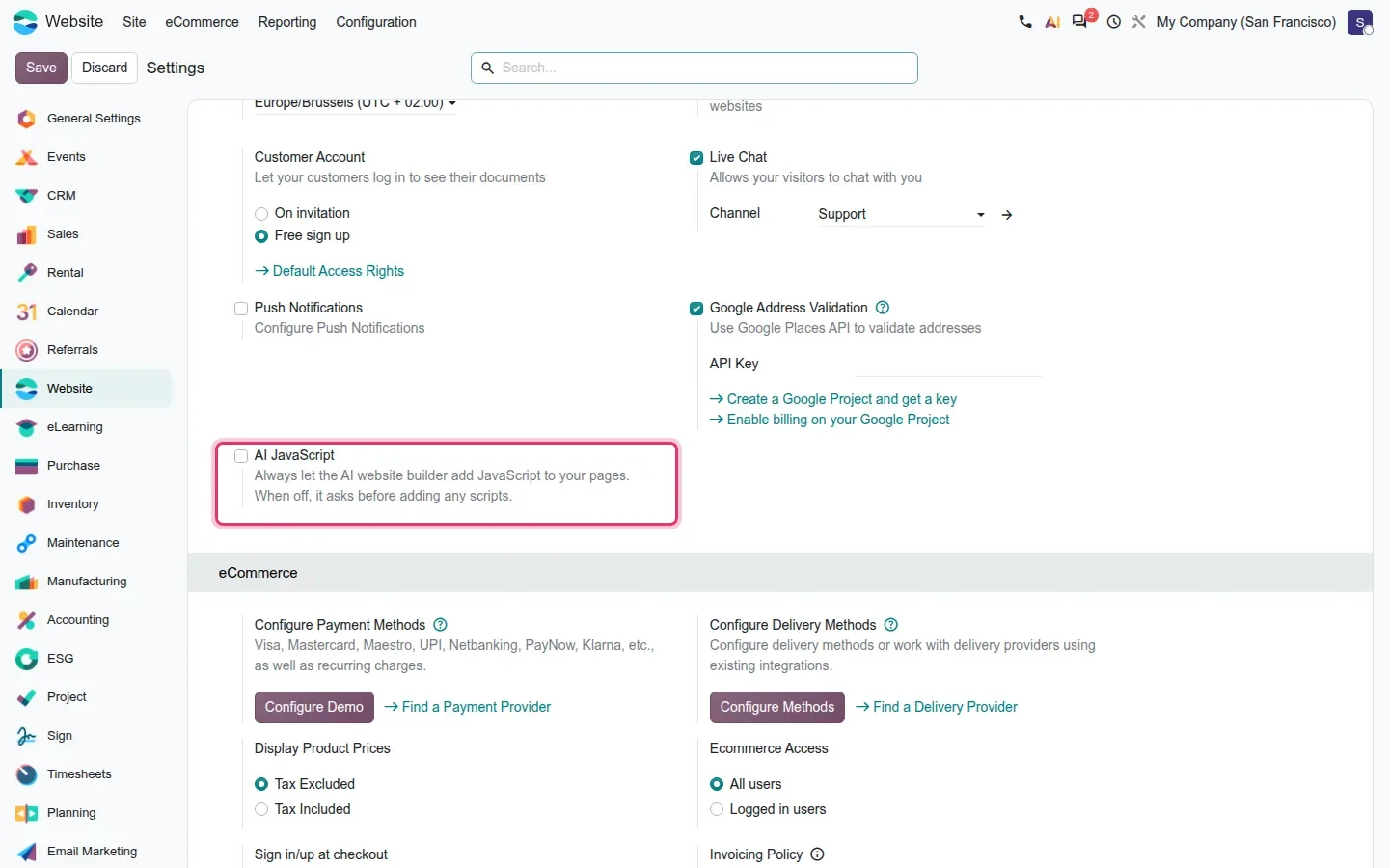 Website settings with the AI JavaScript option highlighted