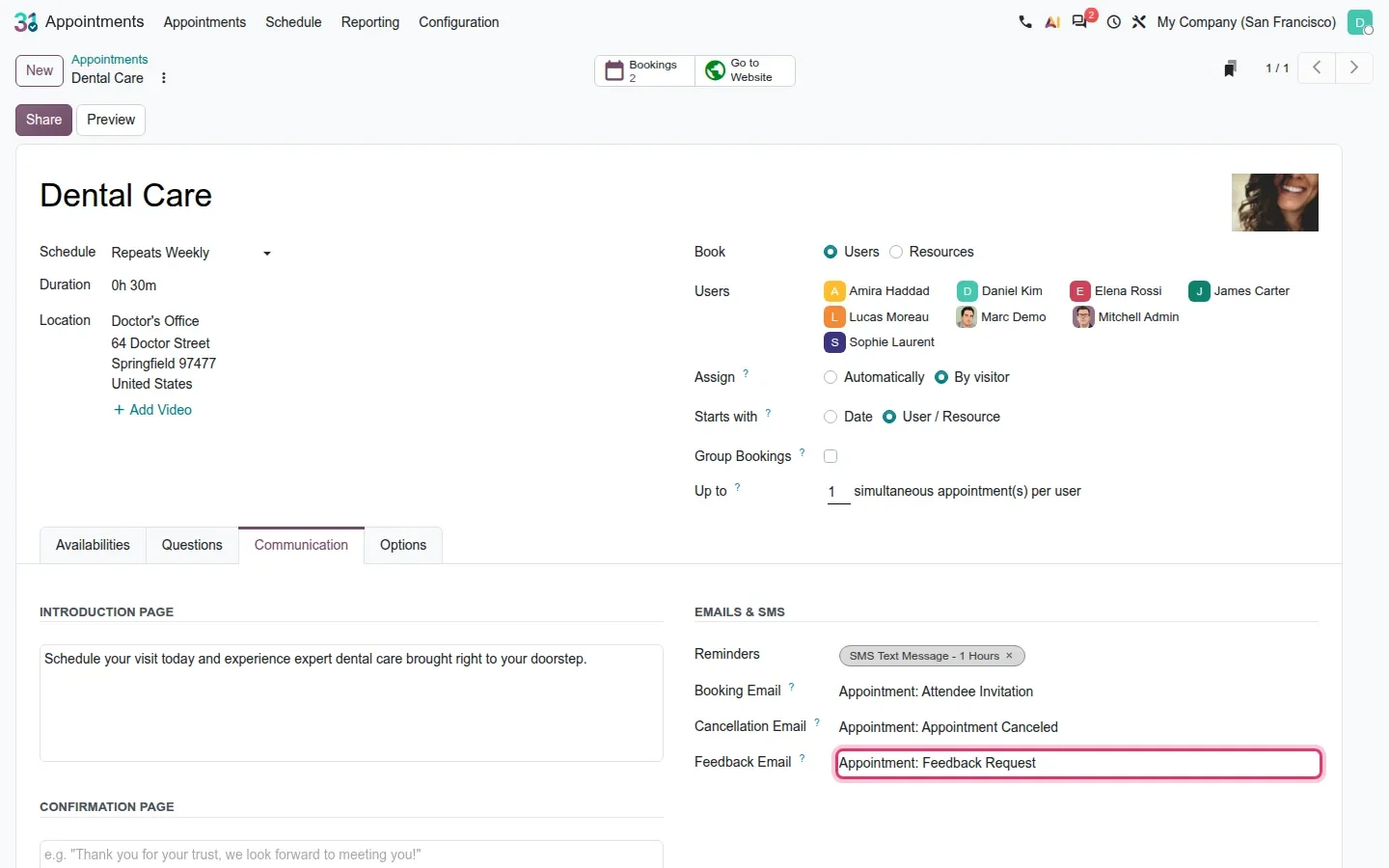 Appointment type form with the Feedback Email field highlighted