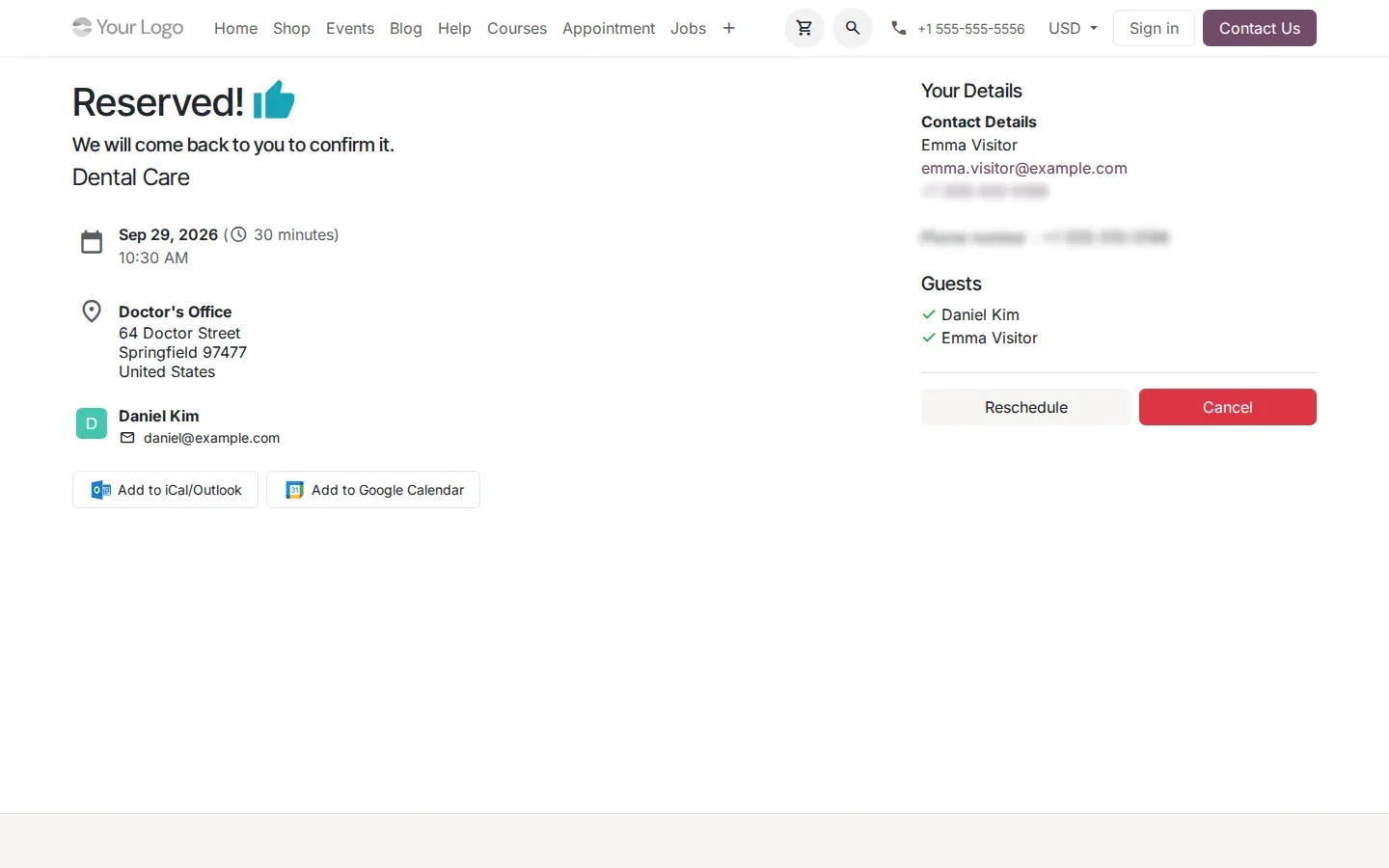 Reserved confirmation page with booking details and two buttons