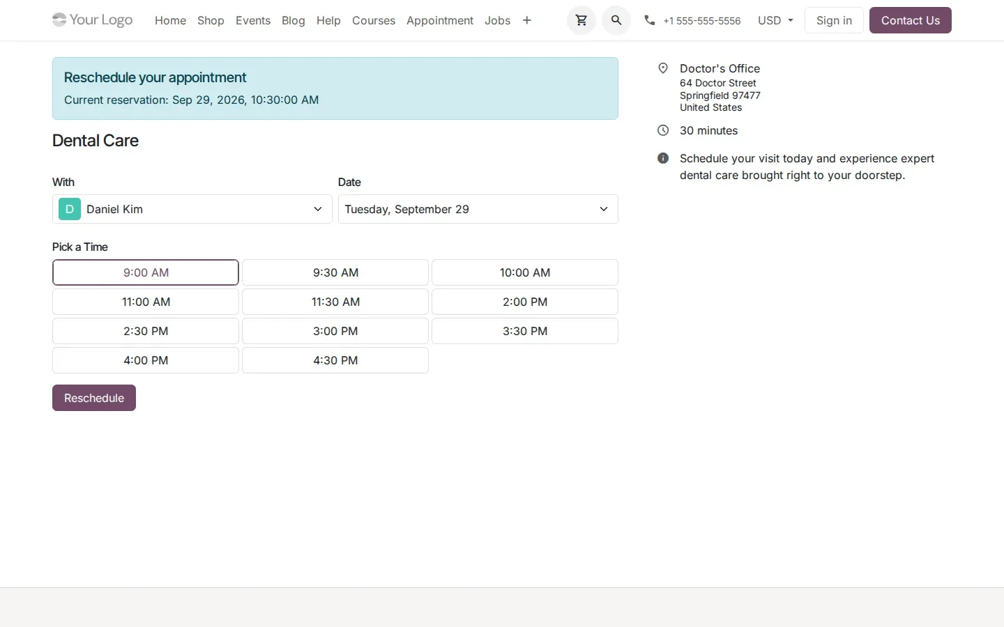 Slot picker with a blue banner showing the current reservation