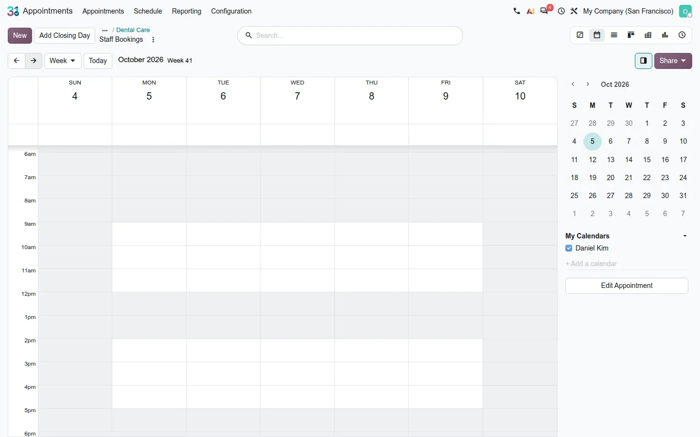 Weekly calendar with grey areas outside 9-12 and 14-17 and on weekends