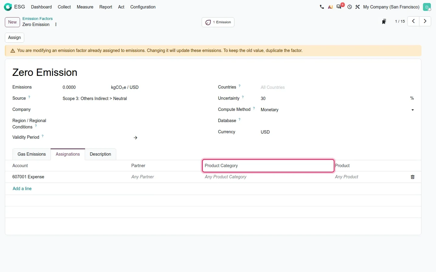 Assignation lines with the Product Category column highlighted