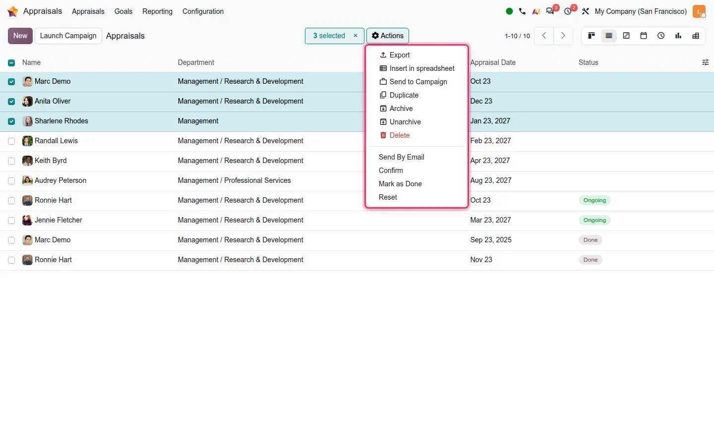 Three appraisals selected with Actions menu open