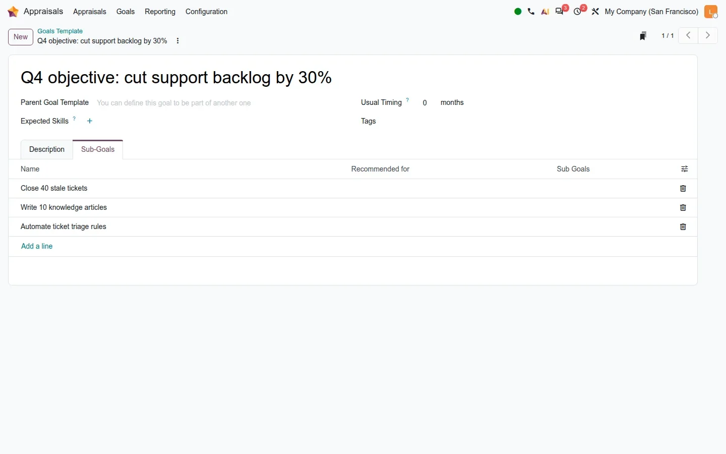 Goals Template form with Sub-Goals tab listing three goals
