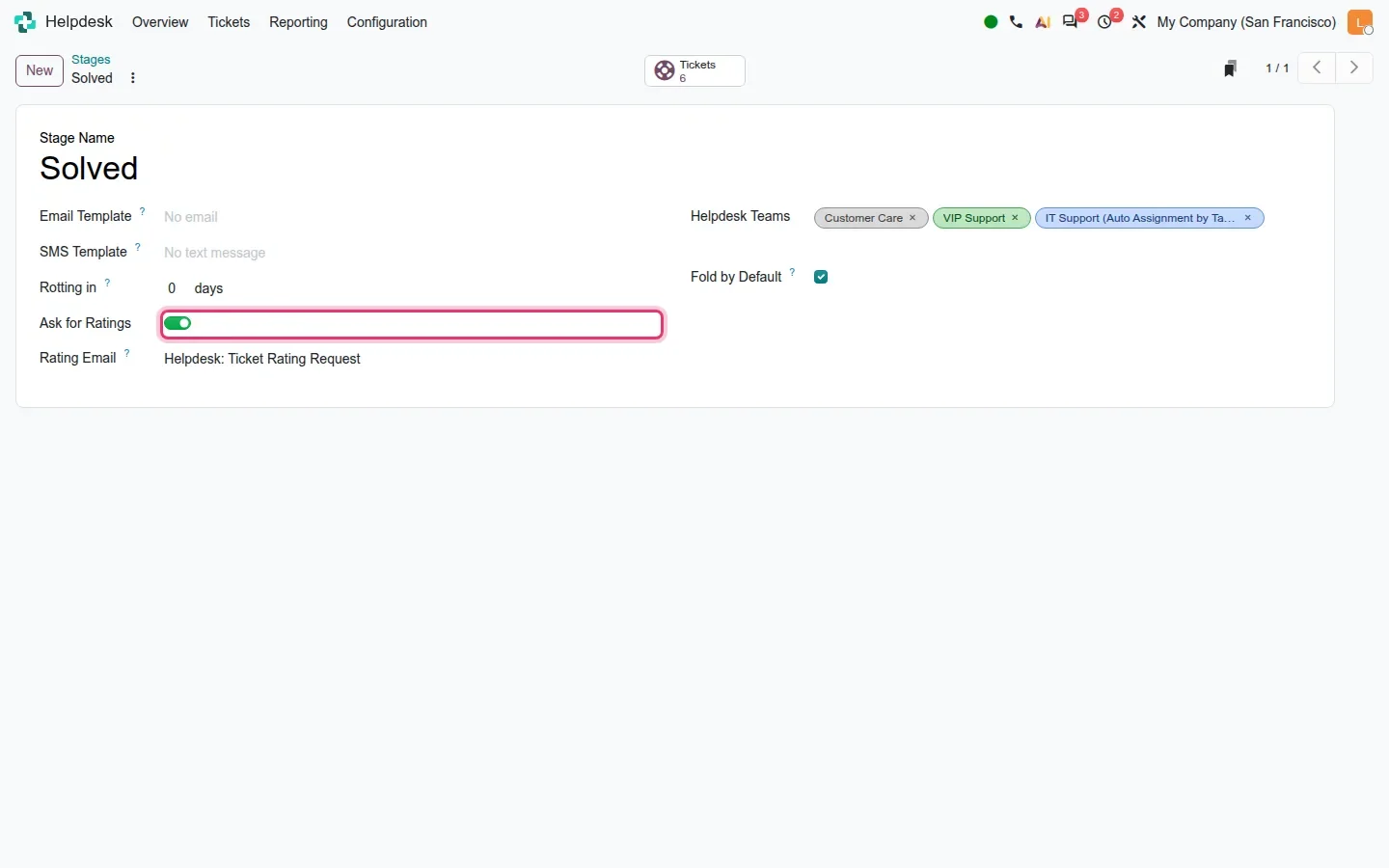 Stage form with Ask for Ratings toggle on