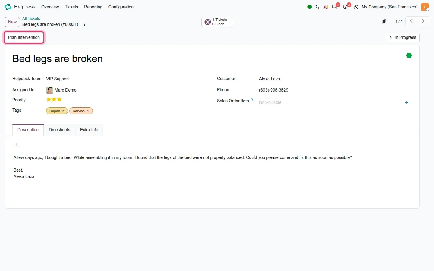 Ticket "Bed legs are broken" with Plan Intervention button