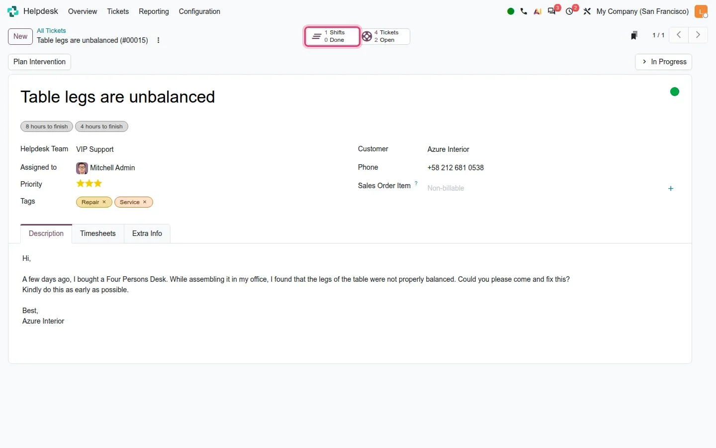 Ticket "Table legs are unbalanced" with 1 Shifts / 0 Done smart button