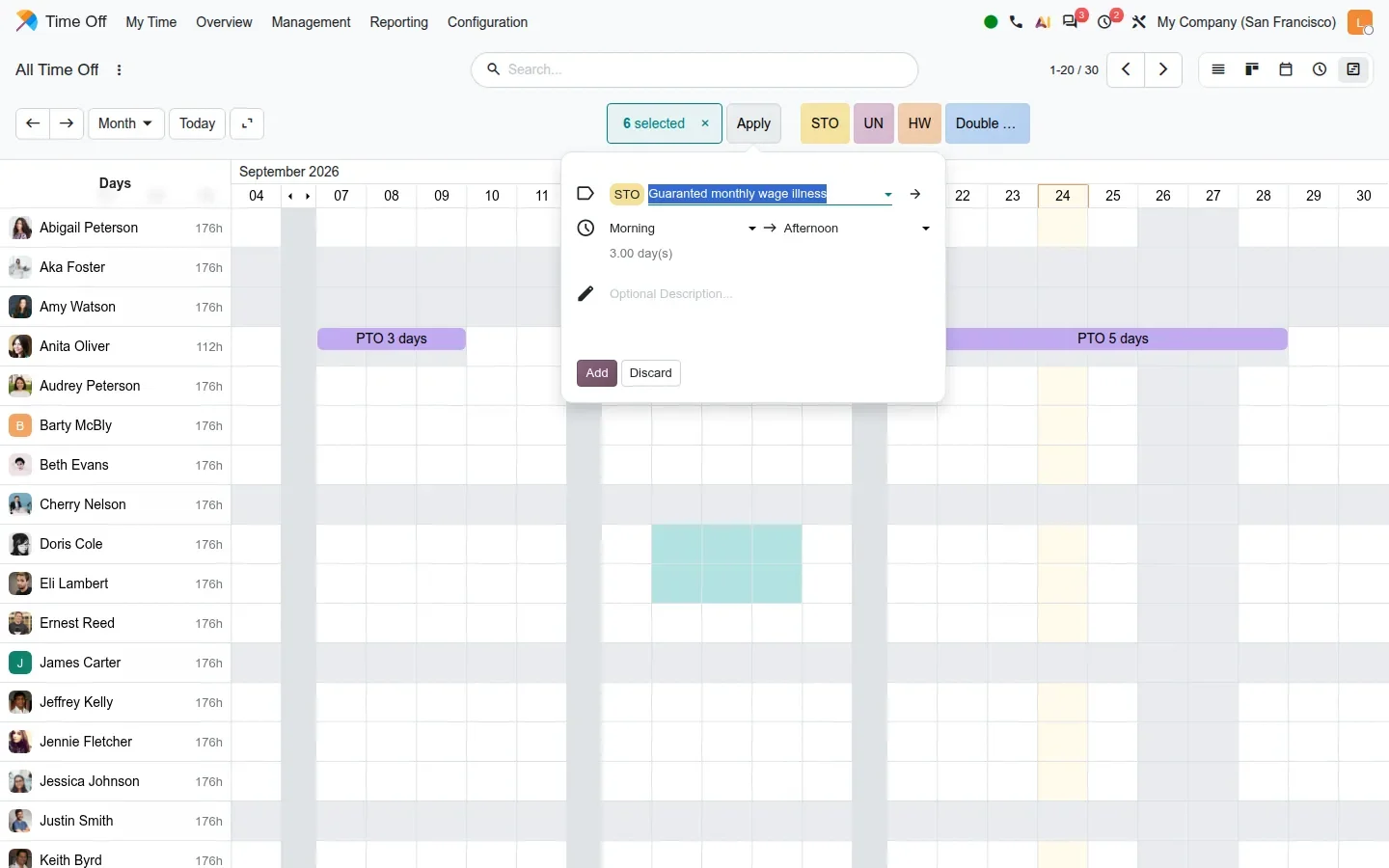 Popover with time off type, Morning -> Afternoon, 3.00 day(s), Add/Discard