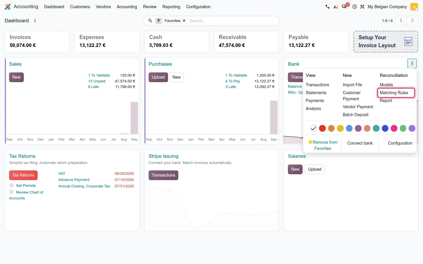Bank journal dashboard menu